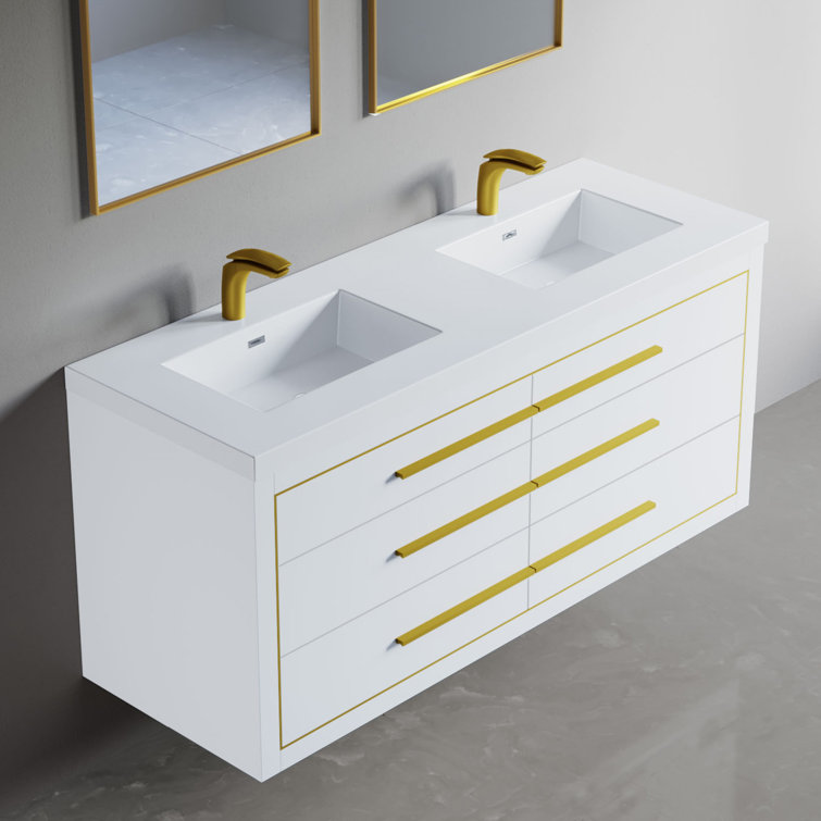 Dowell 61'' Wall Mounted Double Bathroom Vanity with Solid Surface Top ...